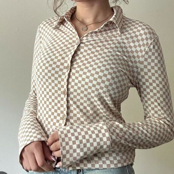ABERCROMBIE & FITCH Y2K Inspired Tan Checkerboard Button-up Tip Size Small - Picture 1 of 6